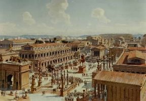 CittÃ . Ricostruzione del Foro di Roma nel sec. IV (Parigi, MusÃ©e des Arts DÃ©coratifs).De Agostini Picture Library/G. Dagli Orti